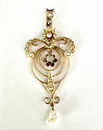 Antique Victorian Seed Pearl 14k Yellow Gold Lavalier Pendant With Diamond