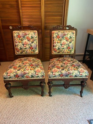 Set Of 2 Upholstered Floral Chairs  On Wheels