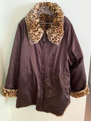 Women's Dennis Basso Size 2x Faux Fur Leopard And Brown Coat