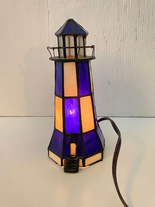 Gorgeous 9' Blue And White Stained Glass Lighted Tabletop Lighthouse