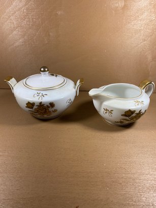 Set Of 2 Vintage Gold Tone Floral Sugar Bowl And Creamer