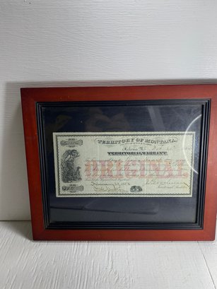 Antique 1884 Montana Territorial Warrant In Wooden Frame
