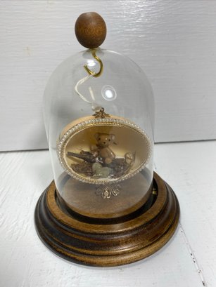 Decorative Teddy Bear Figurine On Wooden Stand With Glass Dome