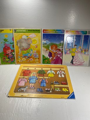 Lot Of 5 Vintage Children's Board Puzzles Cinderella, Beauty And The Beast, And More