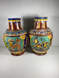 Set Of 2 Vintage Earthenware Handmade 12' Vases Made In Italy