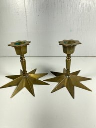 Set Of 2 Brass Star Taper Candle Holders