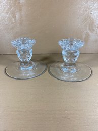 Set Of 2 Clear Cut Glass Taper Candle Holders