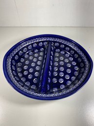 10' Boleslawiec Hand Painted Blue Divided Serving Dish