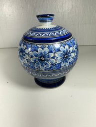 7' Globe Style Blue Floral Lidded Jar Made In Mexico