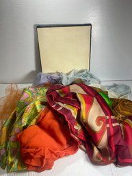 Lot Of 9 Vintage Women's Ascots, Scarves, And Hankeys With Box Various Styles And Sizes