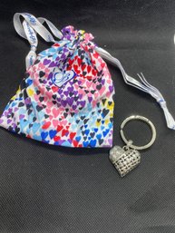 Brighton Woven Basket Silver Tone Heart Keychain With Etched Back And Singe Bag