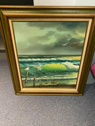 Beach Water Scene Framed Oil Painting On Canvas Signed Emerson