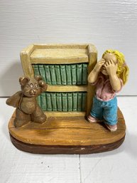 1993 Edward Maher Figurine Girl With Bear Playing Hide And Seek