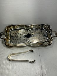 Sheridan Silver Plate Serving  Platter Tray With Tongs