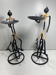 Set Of 2 Tribal People On Unicycles Candle Holders