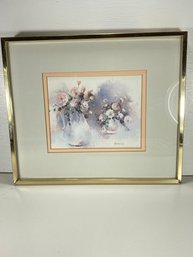 13 X 11 Charlene Cowley Signed Flower Bouquet Matted Print In Gold Tone Frame Wall Hanging