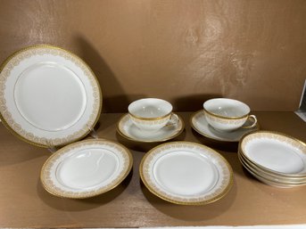 Set Of 11 Limoges Bawo Dotter Cream And Gold Tone Plates, Cups, And Bowls