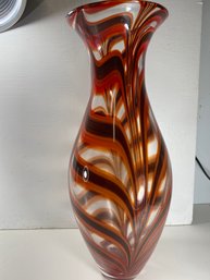 18' Hand Blown Glass Swirled Red And Brown Vase