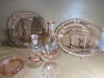 6 Piece Lot Of Pink Depression Glass Pieces Platters, Vase, And More