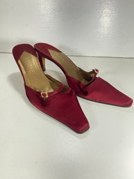 Women's Red Lauren Red Satin And Leather Size 10 Slip On Heel Shoes