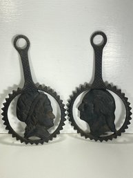 Set Of 2 Cast Iron Silhouette Trivets Of Martha And George Washington