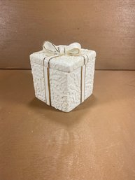 Ceramic White And Gold Tone Holly Present Trinket Box