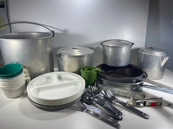 43 Piece Set Of Camping Cookware- Pots, Cups, Plates, Silverware, And More