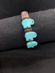 Womens Adjustable Leather And Turquoise Elephant Bracelet