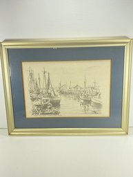 17 X 13' Along The Shore Stonington CT Signed Charcoal Wall Hanging In Matted Frame