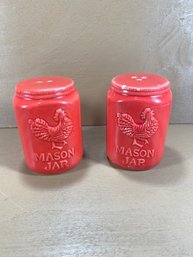 Set Of 2 Red Mason Jar Rooster Chicken Salt And Pepper Shakers