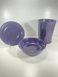 Set Of 3 Fiestaware Purple Dishes Plate, Bowl, And Utensil Holder