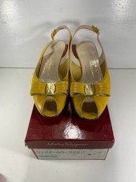 Women's Vintage Salvatore Ferragamo Yellow Bow Heel Shoes Size 7.5