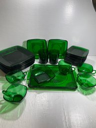 Vintage Set Of 36 Anchor Hocking Charm Forest Green Glass Plates, Cups, And More