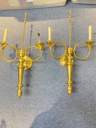 Set Of 2 Brass Ralph Lauren (?) 2 Bulb Wall Scones