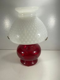 Vintage 12' Red Glass Oil Lamp With Hobnail Cover