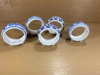 Set Of 5 Ceramic Blue And White Napkin Ring Holders