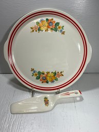 Vintage Ceramic Floral Serving Platter Plate With Spatula