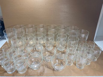 Set Of 34 Leaf Band Anchor Hocking (?) Cups, Juice Glasses, Cordial, And Bowl Set