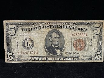 Series 1934 Hawaii Over Print Five Dollar Silver Certificate