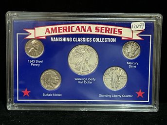 Americana 5 Coin Set Walking Liberty Half Dollar, Standing Quarter, Mercury Dime, Buffalo Nickel, Steel Cent