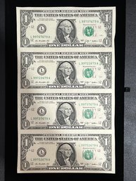 Uncut Sheet Of Four Series 2009 $1 Federal Reserve Notes