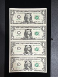 Uncut Sheet Of Four Series 2009 $1 Federal Reserve Notes
