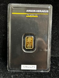 Agor-Heraeus Certified 1 Gram .999 Fine Gold Bar