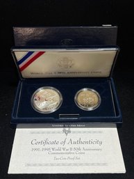 1991 - 1995 World War II 50th Anniversary Coin Set Silver Dollar And Clad Half Dollar - Proof