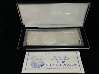 1996 Washington Mint $100 Bill Four Troy Ounce .999 Fine Silver Bar