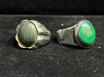 925 Sterling Silver Pair Of Matte Green Stone Rings - Size 9 & Adjustable