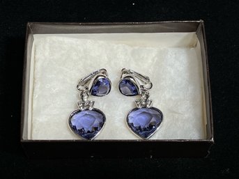 Swarovski Silver Plated Purple Crystal Drop Earrings - Clip On