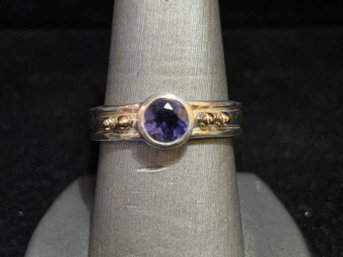925 Sterling Silver With 14K Gold Synthetic Amethyst Ring Size 9.5