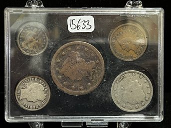 1800s Coin Type Set - Barber Dime, V Nickel, Large Cent, Half Dime