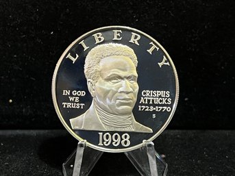1998 S US Mint Black Revolutionary War Patriots Crispus Attucks Commemorative Proof Silver Dollar